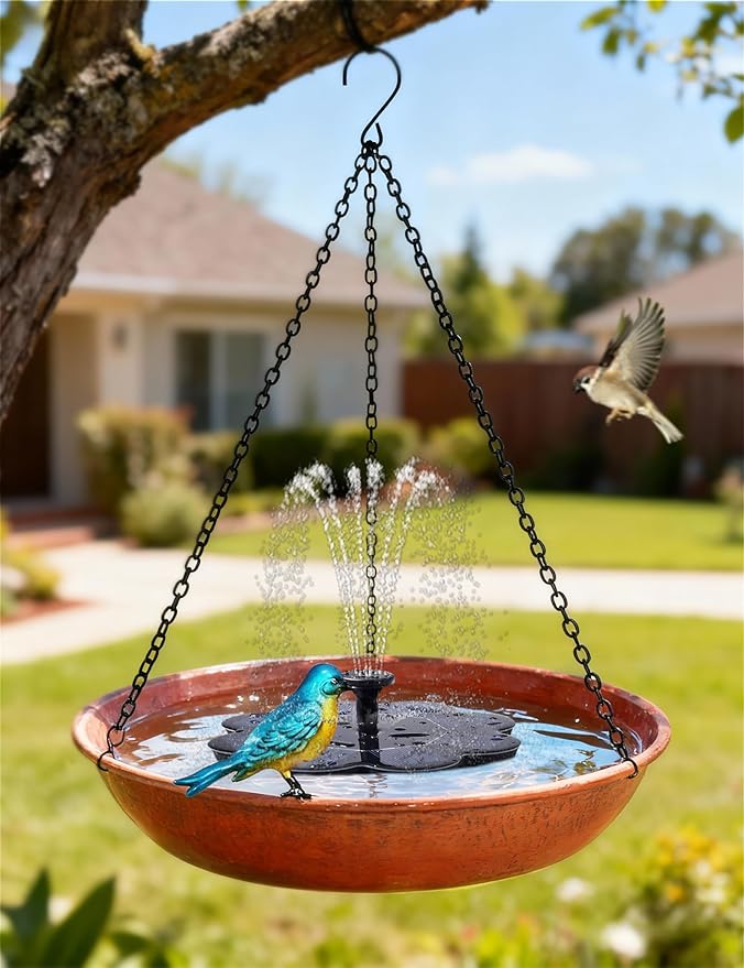 Hanging Bird Bath for Outdoor, 11 Inch Dia Antique Copper Metal Bird Feeder Birdbath Bowl Mounted Black Chain Metal Yard Art Garden Decor 0.5 Gallon