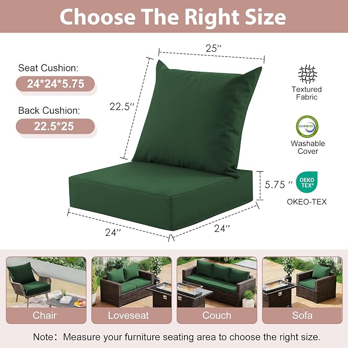 Outdoor Deep Seat Cushion Set, 24x24 Inch Water-Resistant & Fade-Resistant Outdoor Chair Cushions, Patio Furniture Cushions with Removable Cover for Patio Chair, Sofa, Forest Green (Set of 4)