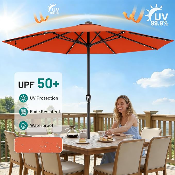 AreShark 11FT Large Patio Umbrella with Solar Lights, Lighted Solar Umbrella with Crank, Outdoor Table Market Umbrellas for Garden, Deck, Backyard, Pool and Beach, Orange