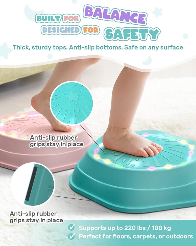 Holyton Musical Light Up Balance Stones for Kids, 5 Pack Sensory Stepping Stones with Rechargeable Batteries, Non-Slip Toddler Balance Toys for Ages 3-8, Indoor Outdoor Active Play, Pink