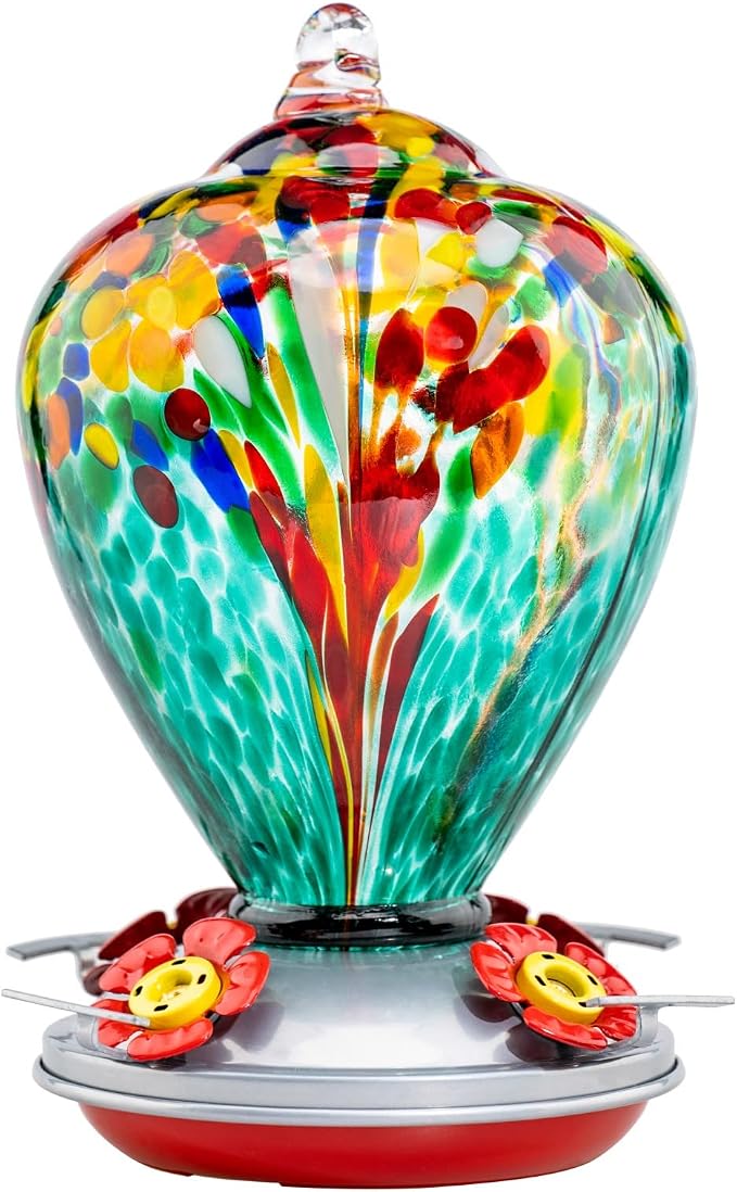 Muse Garden Hummingbird Feeders for Outdoors Hanging, Blown Glass Hummingbird Feeder, Gifts for Mom, Garden Decor for Outside, Unique Gifts Idea for Women, 34 Ounces, Turquoise Fireworks | Muse Garden Hummingbird Feeders for Outdoors Hanging, Blown Gla...
