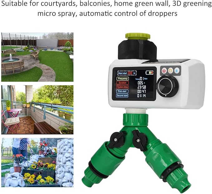 Solar Irrigation Timer, Rain Detection Solar Powered Digital Watering Timer Double Connector IP68 Automatic Watering System for Lawn Garden Courtyard Greenhouse