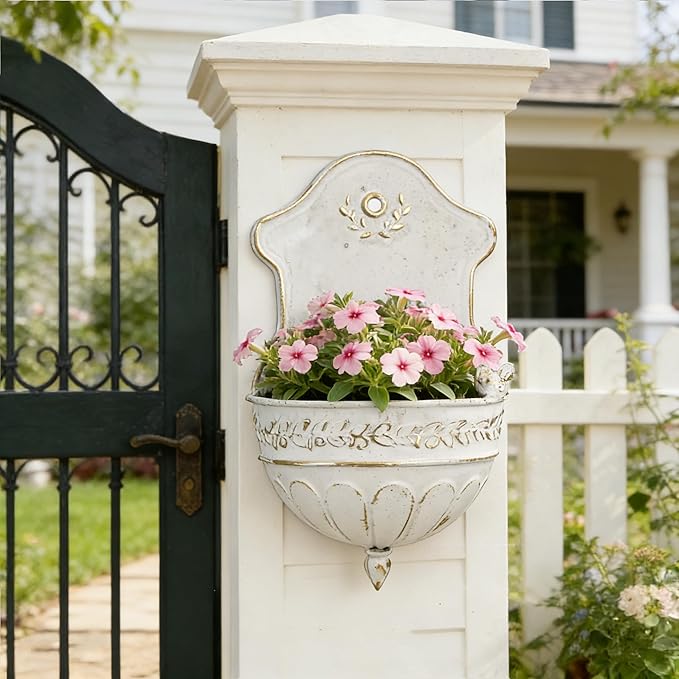 Vintage Distressed White Metal Wall Planter, Rustic Hanging Pocket Planter with Scrollwork & Scalloped Design, Farmhouse Wall Decor for Indoor & Covered Outdoor Garden, Porch & Entryway (White Gold)