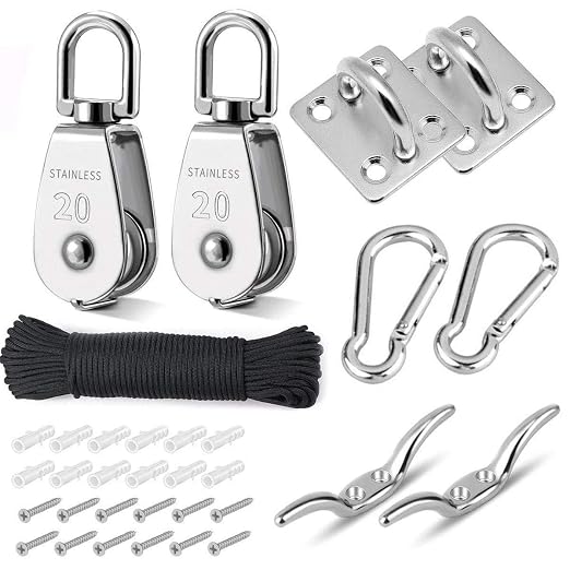 TooTaci Pulley System Set, M20 Crane Pulleys for Lifting with Rope, 304 Stainless Steel Block and Tackle Pulley System, with Nylon Line Rope & Snap Hook, Oblong Eye Pad Plate, Cleat Hooks