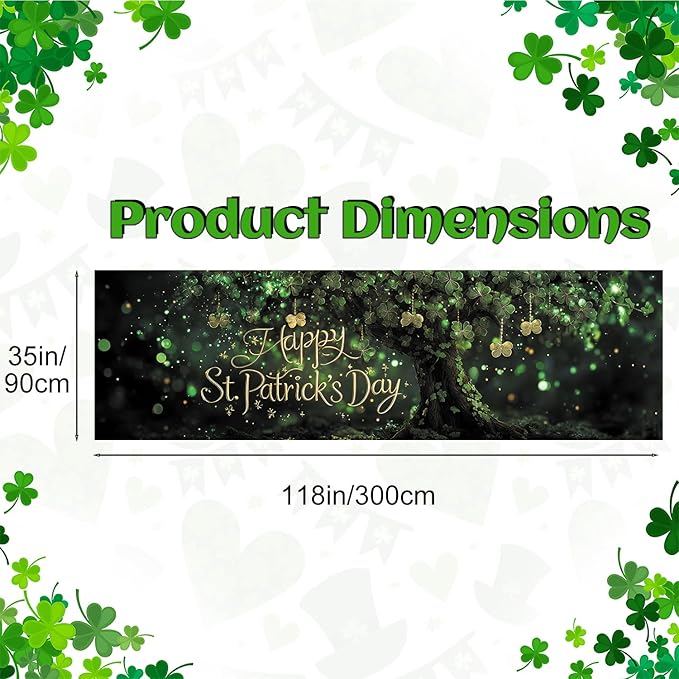 Happy St. Patrick’s Day Fence Banner 118 x 35 Inch, Large Waterproof Outdoor Irish Clover Tree Banner with Gold Script for Yard Porch Fence Party Decorations