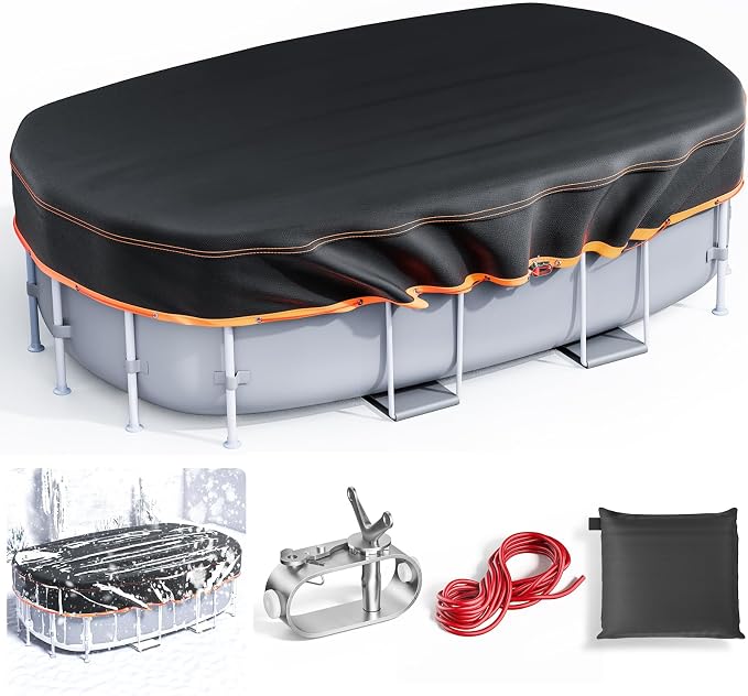 Round Pool Cover - Solar Covers for Above Ground Pools, Oxford Fabric Pool Covers for Above Ground Pools with Winch and Cable, Waterproof and Dustproof Swimming Pool Cover (Oval Pool Cover, 16x32FT)