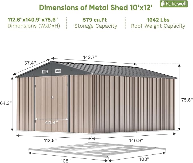 Patiowell 10 x 12 FT Outdoor Storage Shed with Floor Frame, Large Metal Shed Storage with Lockable Doors and Steel Frame, Utility Tool Outside Storage Shed for Garden, Patio, Backyard, Brown