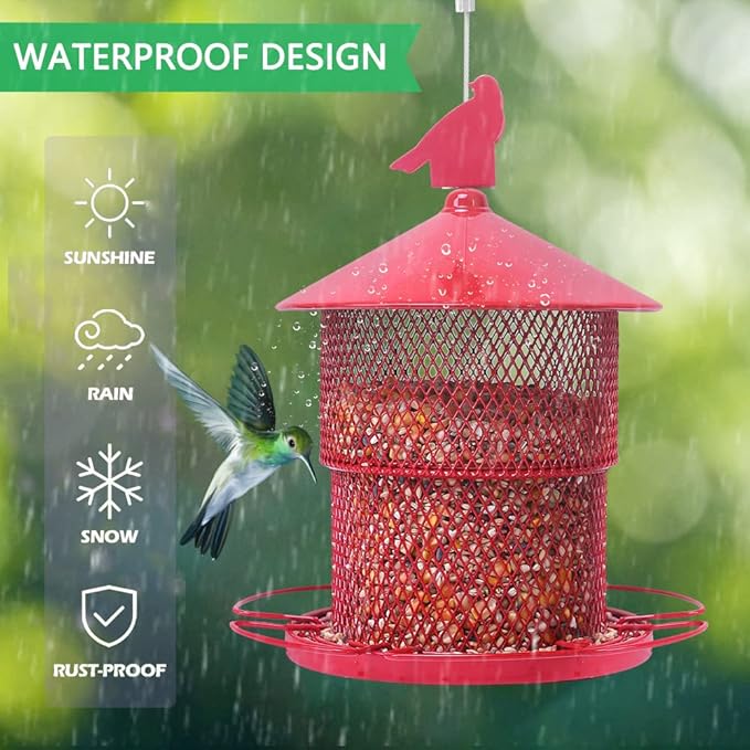 Metal Bird Feeder for Outside Hanging, Bird Feeders Squirrel Proof, 4 Lbs Large Capacity Iron Tube Mesh Wild Birdfeeder for Outdoor Finch Cardinal Chickadees Blue Jay -Red