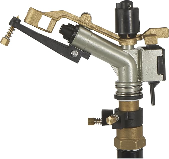 Strongway Tripod Sprinkler with Round Base, 1 in. Brass Head with 3 Nozzles, 120 Ft. Diameter Coverage, 11000 Sq. Ft., 7-14 GPM, Adjustable Full and Partial Circle, for Lawn, Farm and Garden