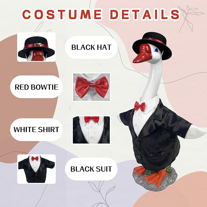 Porch Goose Statue with Gentleman Black Siut Outfits- 19.5" Garden Resin Goose Decorative Figurine Cute Sculpture for Outdoor Indoor Patio Lawn Yard Balcony Decor Housewarming Gifts