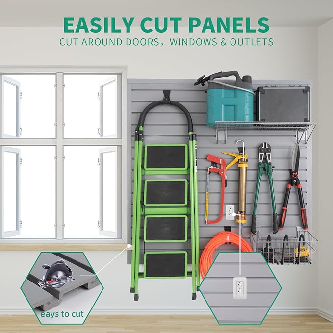 FRAYSCENT Slat Wall Paneling Garage Slat Wall Storage Systems Slatwall Panels Power Tool Organizer Wall Mount, PVC Garage Storage & Organization Products Slate Board (Grey, 4ft x 8ft with 15 Hooks)