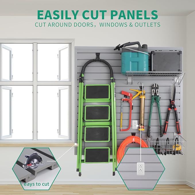 FRAYSCENT Slat Wall Paneling Garage Slat Wall Storage Systems Slatwall Panels Power Tool Organizer Wall Mount, PVC Garage Storage & Organization Products Slate Board (Grey, 4ft x 8ft with 26 Hooks)