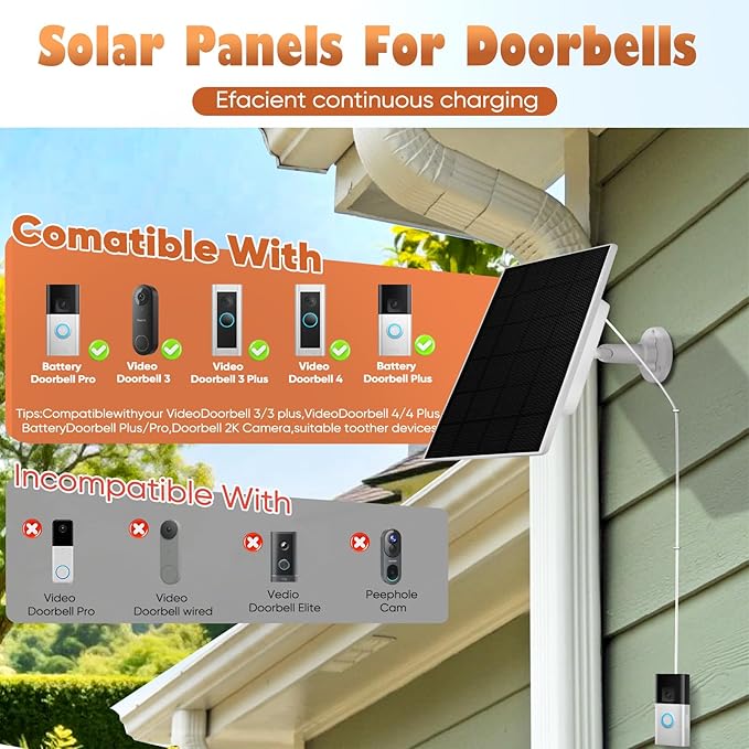 Solar Panel Battery Compatible with Video Doorbell 3 and 4, Battery Video Doorbell Plus, 13ft Charging Cable, 360°Adjustable Wall Mount
