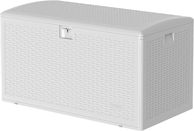 99 Gallon Waterproof Large Resin Deck Box Indoor Outdoor, Lockable Storage Container for Patio Furniture Cushions, Throw Pillows, Garden Tools, and Pool Floats White 50" L x 26" W x 25" H
