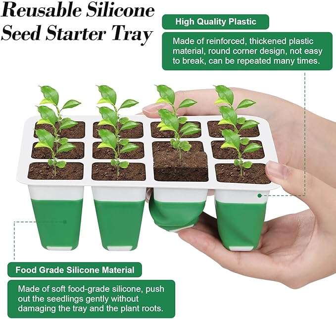 Mckanti 4 Set Self-Watering Seed Starter Tray Kits with Grow Light, Reusable Seed Germination Kit with Adjustable Humidity Domes and Silicone Cell Base Tray for Indoor Plant Seed Germination