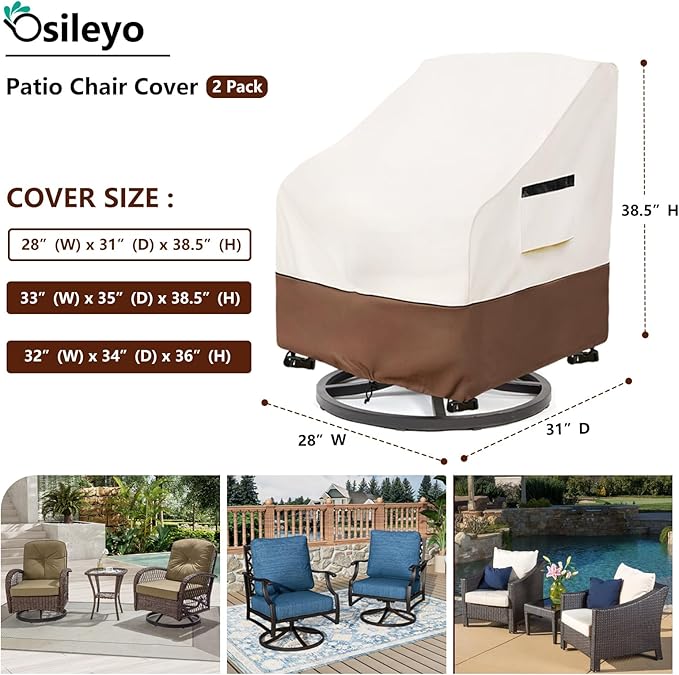 Patio Chair Covers 2 Pack,Swivel Lounge Chair Cover,Waterproof Heavy Duty Outdoor Lawn Patio Furniture Covers 28 W x 31 D x 38.5 H inches,Beige & Brown