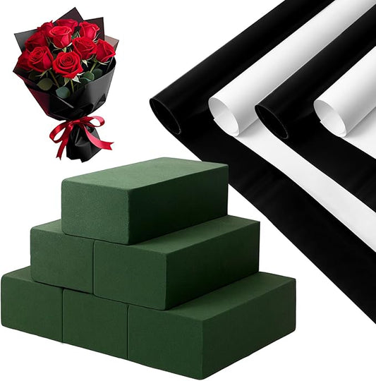 Jingmore DIY Flower Bouquet for Gift - 6 Pack Floral Foam Blocks 8" x 3.5" x 2" Dry and Wet, 40 Sheet Flower Bouquet Wrapping Paper Waterproof 22.8" x 22.8" for Anniversary Birthday Teacher Friend Mom