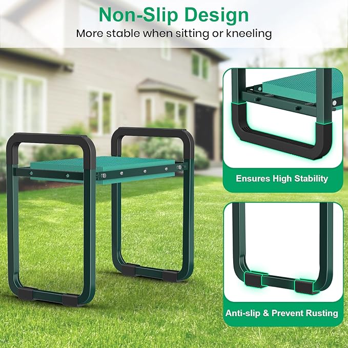 TomCare Garden Kneeler and Seat 11.14” Wider Larger Soft Kneeling Pad Garden Bench with 2 Large Tools Pouches Heavy Duty Foldable Garden Stool Gardening Gifts for Women Men Gardeners Seniors, Green