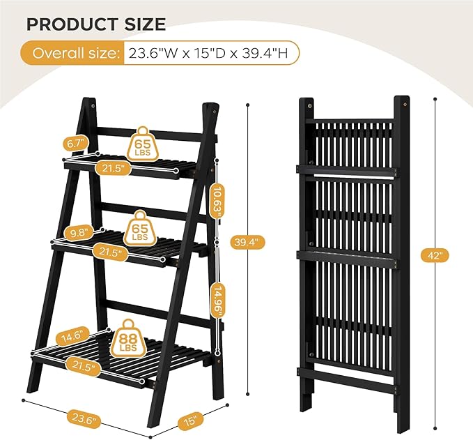 oakvivo 39.4" Foldable Plant Shelf Ladder Shelf, 3 Tier Bamboo Ladder Flower Pot Display Shelf, Freestanding Ladder Bookshelf for Garden, Balcony, Yard, Living Room, 23.6" W x 15" D x 39.4" H, Black