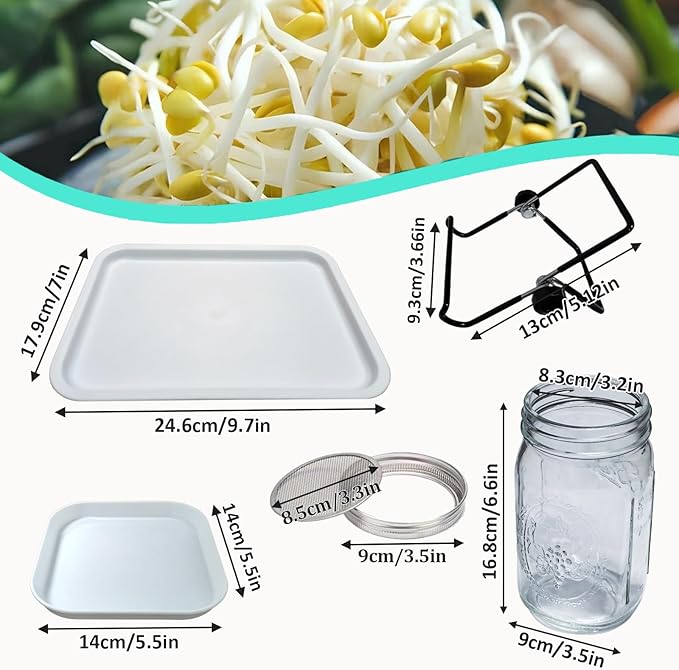 Seed Sprouting Kit, 4 Large 1000ML Wide Mouth Mason Jars with Sprout Lids, Drain Tray, Stainless Steel Stand, Cleaning Brush Sprouts Growing Kit for Sprouts, Bean, Broccoli