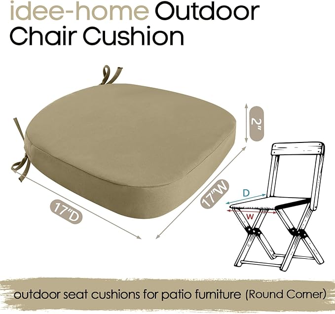 idee-home Outdoor Chair Cushions Set of 2, 17" x 17" Thick D-Shaped Patio Furniture Outdoor Seat Cushions Waterproof with Ties, Dining Pads