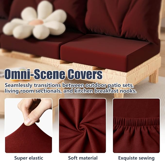 8Pcs Patio Stretch Cushion Covers, Outdoor Couch & Sofa Replacement Slipcovers for Patio Furniture Cushion Covers, Washable Reusable Furniture Protector, Square Large, Wine Red