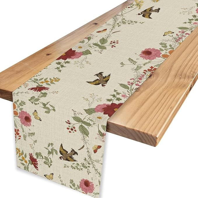 Floral Birds Table Runner, Rustic Seasonal Watercolor Spring Flower Plants Wildfloral Boho Coffee Table Center Decor for Family Kitchen and Dining Farmhouse Party Table Decorations, 13"x72"