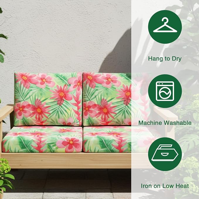 Newwiee 12 Pcs Patio Cushion Covers Outdoor Stretch Sofa Couch Cover Replacement Couch Slipcover Sofa Seat Chair Porch Patio Furniture Protector, Flexibility Washable(Red Green,Floral Leaf)