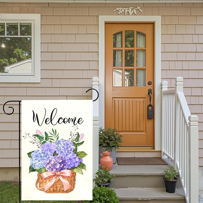 Hydrangea Spring Garden Flag Welcome Summer Yard Flags Blue Hydrangeas Floral Basket Double Sided House Banners Front Porch Patio Lawn Seasonal Flowers Outside Yard Outdoor Decor 12x18 Inch