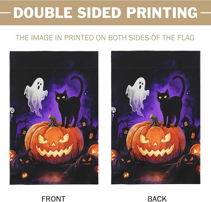 Halloween Pumpkin Ghost Black Cat Garden Flag 12x18 Inch Tree House Shadow Spooky Scary Holiday Decorative Yard Flags for Outside Double Sided Outdoor Home Farmhouse Decoration Porch Decor