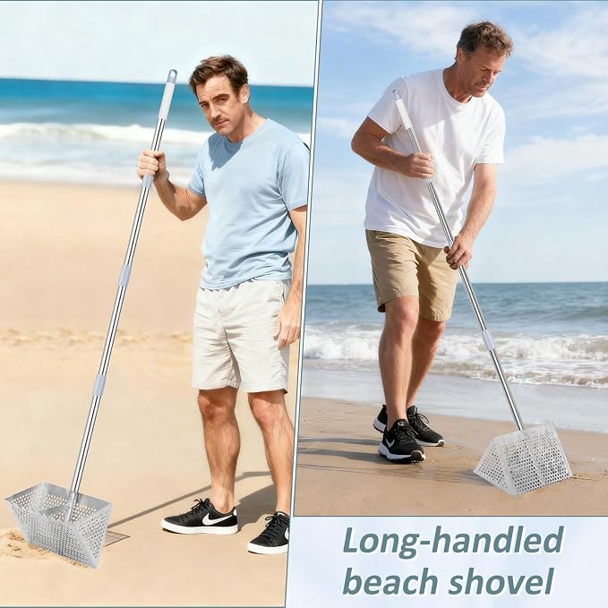 Sand Flea Rake, 65-Inch Long Handle Stainless Steel Sand Sifter - 13-Inch Wide Mesh Screen Shark Tooth Sifter for Beach/Seaside Collecting: Sand Fleas, Shark Teeth, Seashells & Marine Treasures