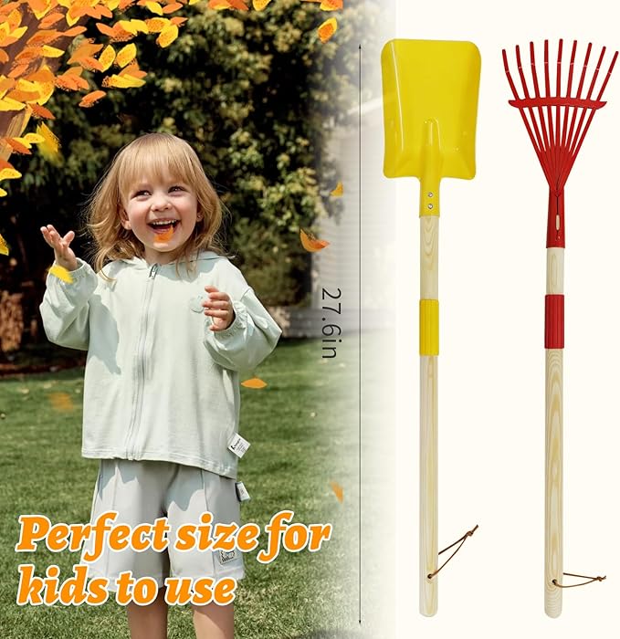 2 Pcs Kids Rake and Shovel Set,28" Toddler Size Metal Snow Shovel & Leaves Rake with Wooden Handle,Real Gardening Tools for Child Age 3 for Little Helpers in Winter Yard Fun
