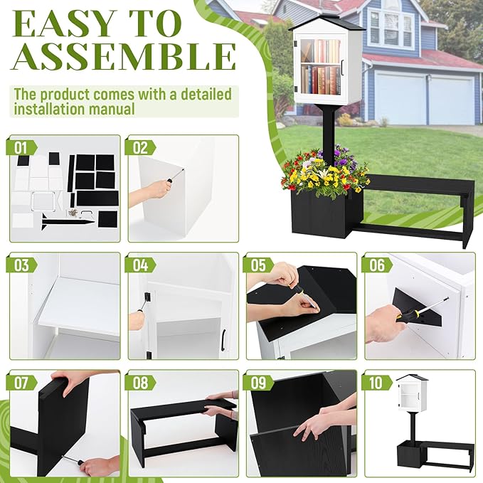 Wonderjune Little Library Box Outdoor, Weatherproof Solid Wood Free Library with Matching Wooden Seats Floor Plugs and Small Flower Fence for Neighborhoods Community School(Black and White)