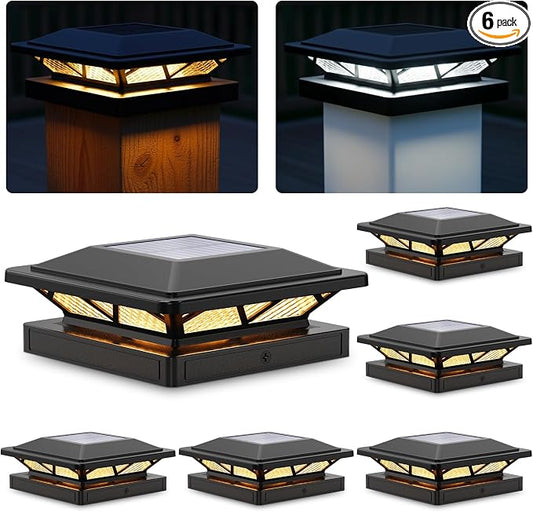 SIEDiNLAR Solar Post Cap Light 2 Modes 6 Pack, 3.5x3.5 4x4 4.5x4.5 5x5 Wooden/Vinyl Posts, Waterproof Outdoor Lighting for Fence Deck Patio Garden Decor, White/Warm (Black)
