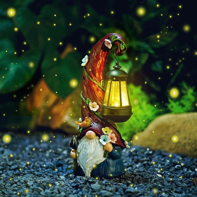 Pohabery Gnome Garden Decor Statue Solar Gnomes Decorations for Yard with Lantern Light Outdoor Decorations for Patio Mom Gift