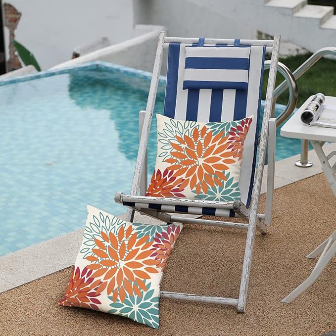 DFXSZ Orange Teal Red Flower Pillow Covers 20x20 Inch Set of 2 Fall Throw Pillows Outdoor Waterproof Decor for Living Room Sofa Patio Funiture Garden Floral Polyester Pillow Covers 002Y20