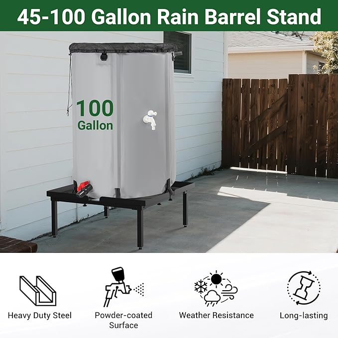 45-100 Gallon Rain Barrel Stand | Length & Width Adjustable, Heavy-duty Steel Stand for Outdoor Rain Barrel