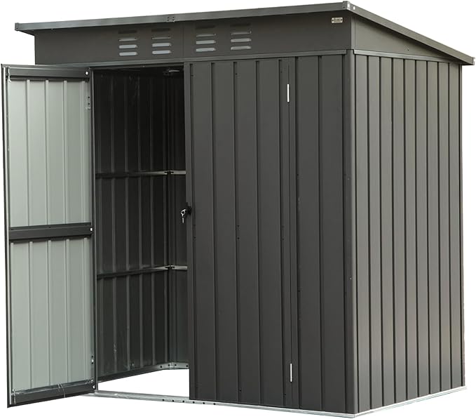 Christopher Knight Home Avonn Backyard Storage Shed with Sloping Roof Galvanized Steel Frame Outdoor Garden Shed Metal Utility Tool Storage Room with Latches and Lockable Door for Balcony, Dark Gray
