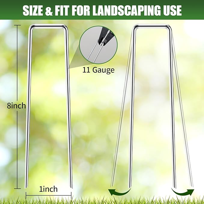 HOOPLE 50 Pack 8 Inch Landscape Staples 11 Gauge Heavy Duty Galvanized Garden Stakes, Sod Pins for Securing Weed Barrier Fabric, Artificial Turf, Drip Irrigation, Lawn Edging & Outdoor Ground Cover