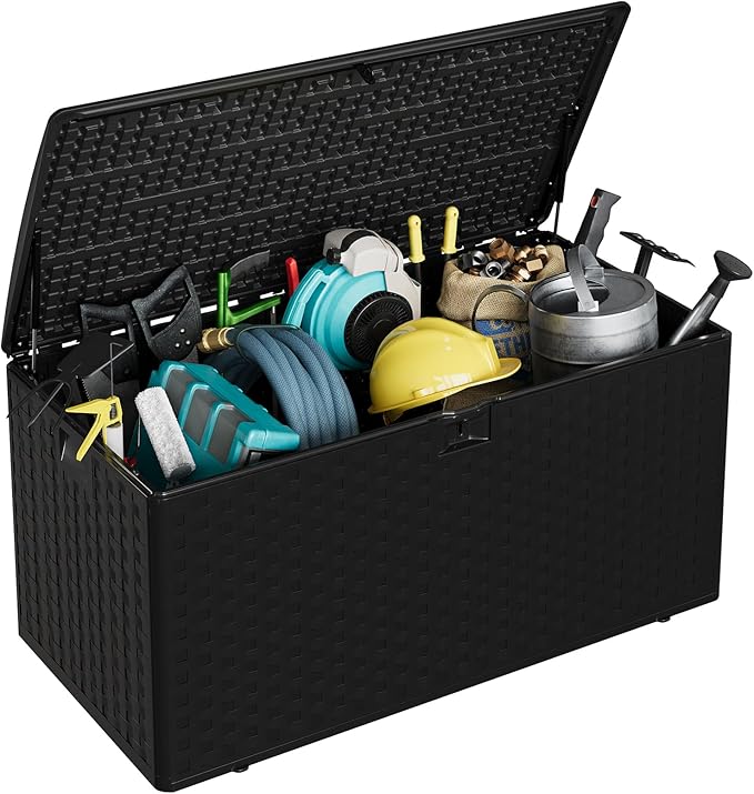100 Gallon Outdoor Storage Box, Lockable Deck Box with Lid, Waterproof & UV-Resistant Plastic Storage Bin for Patio Cushions, Garden Tools, Pool Accessories-Black Imitation Rattan Grain