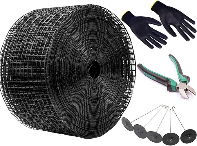 Solar Panel Bird Guard, 6inx150ft Critter Guard, Black PVC Coated Galvanized Mesh with 100pcs Clips, Cutting Plier, Gloves