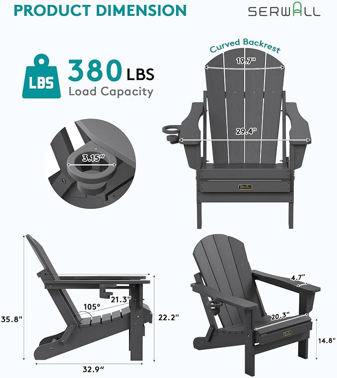 SERWALL Folding Adirondack Chair with Cup Holder Set of 2, All Weather Adirondack Chairs, Fire Pit Chairs for Patio Garden Outdoors Fire Pit - Gray