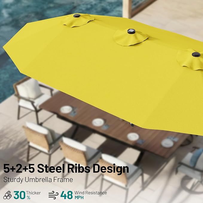 AreShark 13 FT Patio Umbrella with Solar Lights, Double-Sided Outdoor Table Umbrellas with Crank, Large Rectangular Market Umbrella for Porch, Lawn, Pool, Backyard, Yellow
