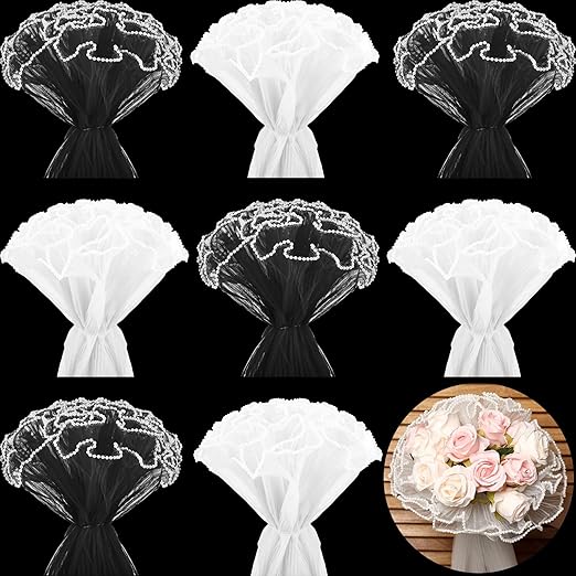 Gilprop 8 Pcs Flower Wrapping Mesh Paper, 11 Inch x 4 Yard Wavy Pearl Edge Wrinkled Flower Packaging Mesh, Florist Supplies for Teacher Mother's Day Gifts (White,Black)
