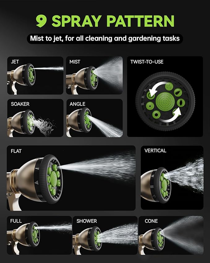 RAINPOINT Garden Hose Nozzle, 9 Spray Patterns Hose Sprayer Nozzle, Heavy Duty Metal Water Hose Nozzle, Adjustable Hand Sprayer, Watering Plants and Lawn, Pet Showering (Nozzle, Green)
