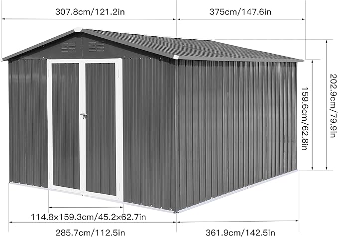 YOPTO 10x12 FT Sheds & Outdoor Storage,Metal Aluminum Garden Shed,with Punched Vents,Waterproof Cabinet w/Hinged Door and Padlock,Tool House for Storing Bicycles,Lawnmowers,Barbeques,Grey