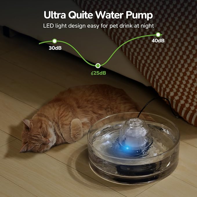 2.7L Glass Pet Fountain –Transparent Glass Cat Water Fountain & Little Dog Drinking Bowl– Automatic Cat Water Dispenser-Ultra-Quiet Pump 1 Filters & 1 Sponges