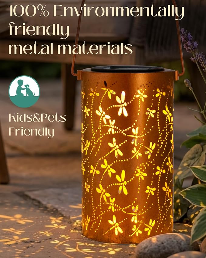 DIBIEECN Birthday Gifts for Women Mom Grandma Wife, Solar Lanterns Outdoor Waterproof, Metal Hanging Lights Garden Decor, LED Decorative Lantern for Patio Porch Backyard, Dragonfly, 4 Pack