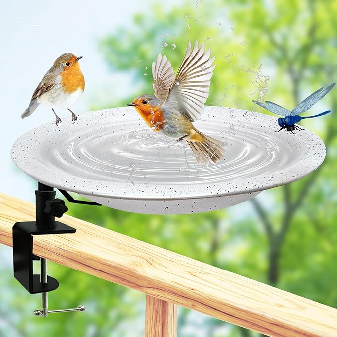 Deck Mounted Bird Bath and Feeder,11.5 Inch Large Gray Speckled Bowl,Heavy Duty Clamp On Deck Railing,Detachable Weather Resistant Balcony Bird Waterer for Outdoor Wild Birds