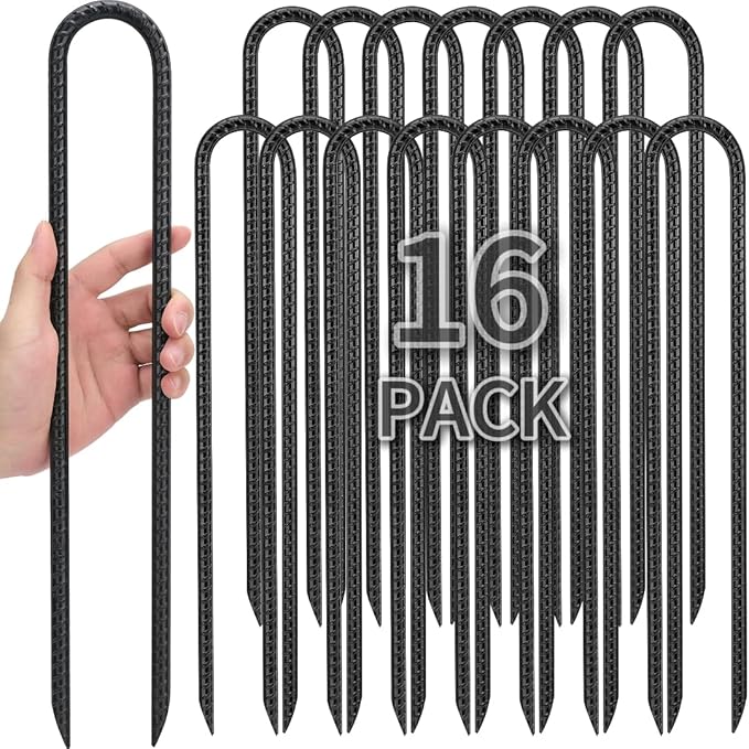 Kingsyard 16 Pack Trampolines Wind Stakes-16 Inch Long, 0.4 Inch Diameter Galvanized Steel U Hook Rebar Stakes, Multi-Purpose Heavy Duty Ground Anchors for Tent, Fences, Swing, Landscape, Black